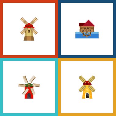 Watermill, ekoloji, türbin ve diğer vektör nesnelerini düz simgesi alternatif kümesi. Yel değirmeni, çiftlik, tekerlek öğeleri de içerir.