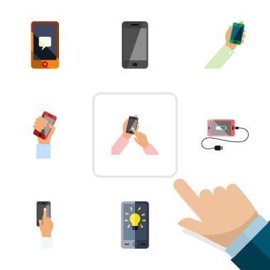 Düz simge telefon seti bir etkileşimli görüntüleme, tutmak telefon, ekran ve diğer vektör nesneleri. Ayrıca akümülatör, ekran, tutun unsurları içerir.