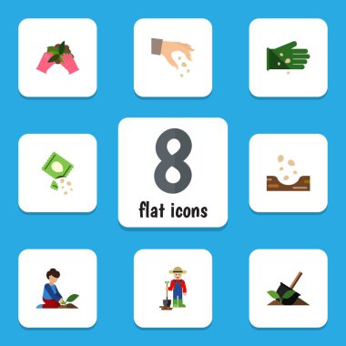 Düz simgesi tohum tohum, paket, adam ve diğer vektör nesneleri kümesi. Ayrıca ekmek, içerir tohum, eldiven öğeleri.