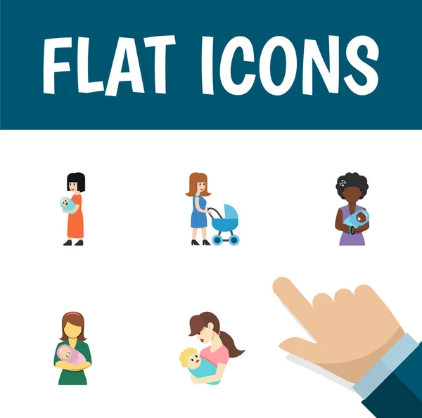 Flat Icon Mother Set Of Perambulator, Woman, Baby And Other Vector Objects. Also Includes Nanny, Woman, Child Elements. — Stock Vector