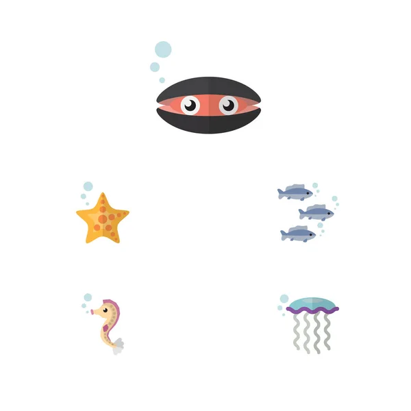 Icono plano conjunto de mar de atún, hipocampo, estrella de mar y otros objetos vectoriales. También incluye medusas, concha marina, elementos Medusa . — Vector de stock