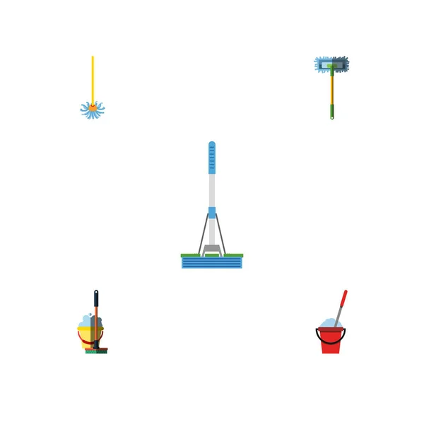 Conjunto de esfregões de ícones planos de balde, vassoura, limpeza e outros objetos vetoriais. Também inclui Besom, Vassoura, Elementos de equipamento . — Vetor de Stock