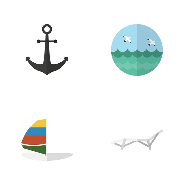 Platte zomer pictogrammenset ligstoel, schip haak, surfen en andere vectorobjecten. Ook omvat haak, surfen, Oceaan elementen. — Stockvector