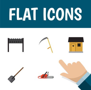 Düz simgesi kulübemde kümesi demir testeresi, otlak, kürek ve diğer vektör nesneleri. Ayrıca Barbekü, kürek, araç öğeleri içerir.