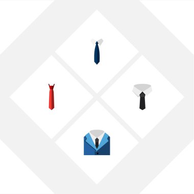 Düz simgesi kravat kümesi Tekstil, Stil, takım elbise ve diğer vektör nesneleri. Ayrıca kravat, yaka, dokuma detayları içerir.