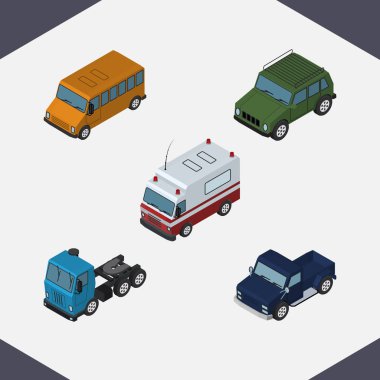 İzometrik taşıma ilk yardım, Suv, Autobus ve diğer vektör nesneleri kümesi. Ayrıca içerir kamyon, Motor, kamyon öğeleri.