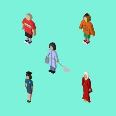 İzometrik kişi erkek, adam, kadın ve diğer vektör nesneleri kümesi. Ayrıca kadın, memur, hizmetli öğeleri içerir.