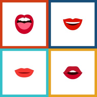 Düz simgesi dudaklar kümesi ruj, dil, gülümseme ve diğer vektör nesneleri. Ayrıca dişleri, makyaj, dil unsurları içerir.