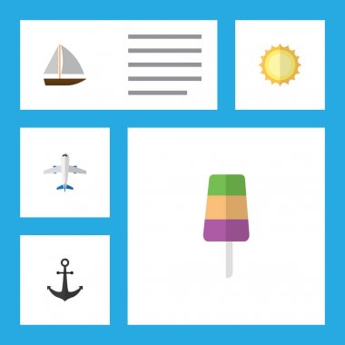 Düz simgesi Beach yat, dondurma, gemi kanca ve diğer vektör nesneleri kümesi. Ayrıca buz, tekne, yat öğeleri içerir.