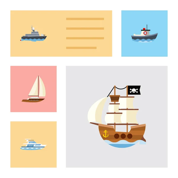 Conjunto de buques de iconos planos de barco, yate, buque y otros objetos vectoriales. También incluye Buque, Pirata, Elementos del yate . — Vector de stock