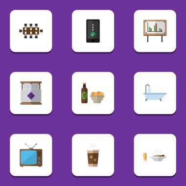 Düz simgesi yaşam tarzı dizi toplantı odası, cips, küvet ve diğer vektör nesneleri ile bira. Ayrıca yatak, yatak odası, bira öğeleri içerir.