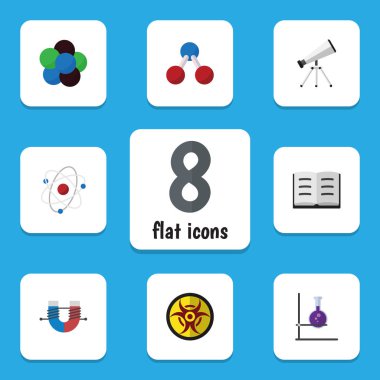 Düz simgesi bilim Proton, çekici kuvvet, nükleer ve diğer vektör nesneleri kümesi. Ayrıca su, teleskop, Test öğeleri içerir.