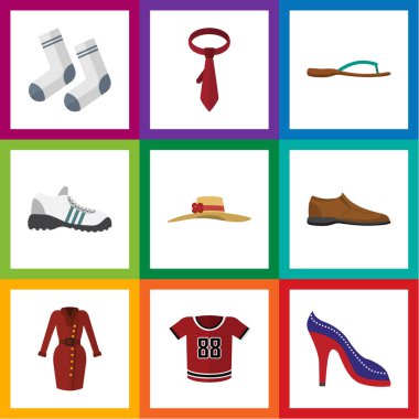 Düz simgesi elbise spor ayakkabı, Giysi, plaj sandalet vektör nesnelerini ayarlayın. Ayrıca kravat, gömlek, giyim öğeleri içerir.