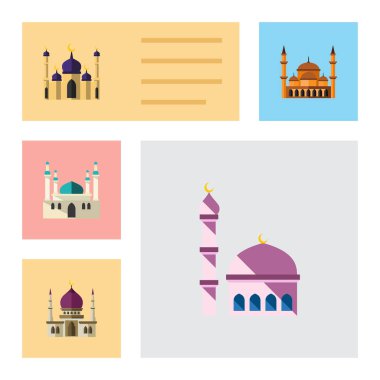Müslümanlık, Camii, Bina ve diğer vektör nesnelerini düz simge Minare seti. Ayrıca cami, yapı, yapı elemanları içerir.