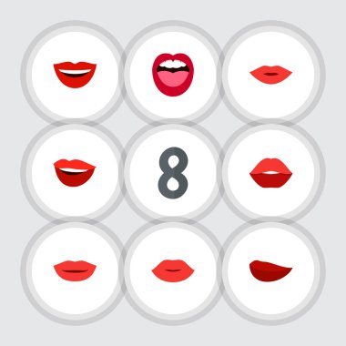 Düz simgesi dudaklar kümesi öpücük, gülmek, dil ve diğer vektör nesneleri. Ayrıca pomad, Rouge, dil unsurları içerir.