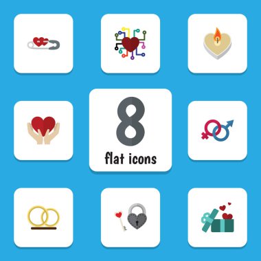 Düz simgesi tutku kümesi yüzük, cinsellik sembolü, hediye ve diğer vektör nesneleri. Ayrıca hediye, yüzük, PIN unsurları içerir.