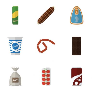 Düz simgesi spagetti, domates, gazlı içecek ve diğer vektör nesneleri kümesi yeme. Ayrıca çanta, Bratwurst, Bar öğeleri içerir.