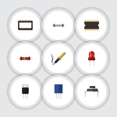 Düz simgesi cihaz kümesi direnç, hedef, mikro işlemci ve diğer vektör nesneleri. Ayrıca, alıcı, lehimleme alıcı öğeleri içerir.