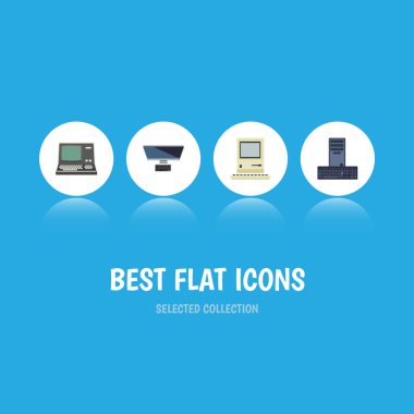 Düz simgesi dizüstü bilgisayar teknolojisi, bilgisayar, işlemci ve diğer vektör nesnelerini ayarlayın. Ayrıca Retro, Vintage, bilgi işlem öğeleri içerir.