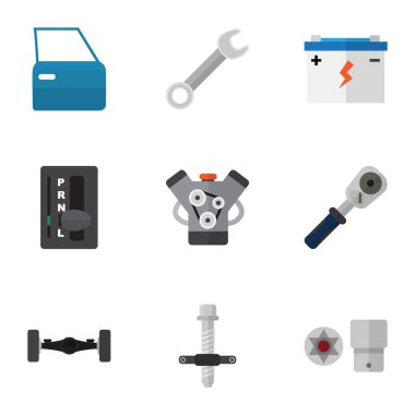 Düz simgesi otomatik kümesi akü, Ratchet, Turnscrew ve diğer vektör nesneleri. Ayrıca Spanner, İngiliz anahtarı, akümülatör elemanları içerir.