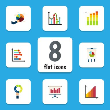 Düz simge grafik seti pasta Bar, şövale, izleme ve diğer vektör nesneleri. Aynı zamanda Bar, Masa, içerir Segment öğeleri.