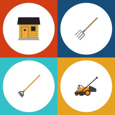 Düz kutsal kişilerin resmi Bahçe saman çatal, Stabling, araç ve diğer vektör nesneleri kümesi. Ayrıca çiftlik evi, bahçıvanlık, çim öğeleri içerir.