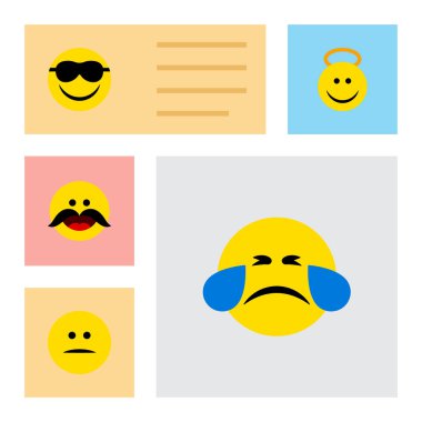 Düz simgesi ifade kümesi sıktı, melek, soğuk ter ve diğer vektör nesneleri. Gülümseme, Emoji, yüz öğeleri de içerir.