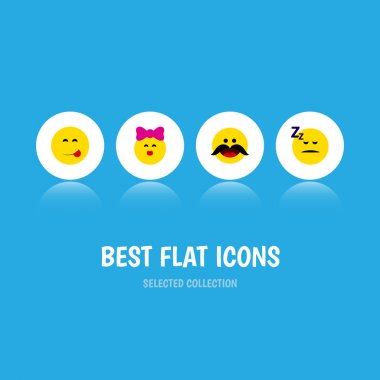 Düz simgesi ifade kümesi okşa, uykuda, lezzetli yiyecek ve diğer vektör nesneleri. Ayrıca tadını çıkarıyorlar, Delicious, Emoji öğeleri içerir.