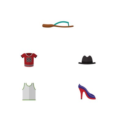 Düz simge kıyafetleri T-Shirt, Singlet, Panama ve diğer vektör nesneleri kümesi. Flip, Singlet, şapka öğeleri de içerir.