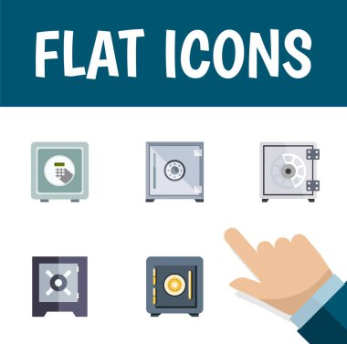 Düz simgesi kapalı koruma, koruma, güvenlik ve diğer vektör nesneleri kümesi. Ayrıca içerir kaydetme, kilitli kasa öğeleri.