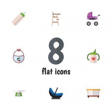 Düz simge bebek seti Bahçesi, çocuk arabası, çocuk koltuğu ve diğer vektör nesneleri. Ayrıca çocuk arabası, şişe, dışkı öğeleri içerir.