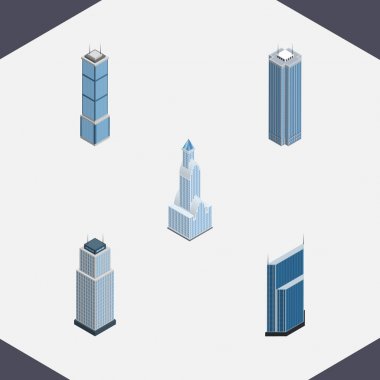 İzometrik yapı kümesi konut, Cityscape, kule ve diğer vektör nesneleri. Ayrıca gökdelen, Merkezi, konut öğeleri içerir.