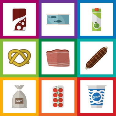 Düz simgesi gıda kümesi teneke Tuna, çerez, yoğurt ve diğer vektör nesneleri. Ayrıca et, krem, Soda öğeleri içerir.