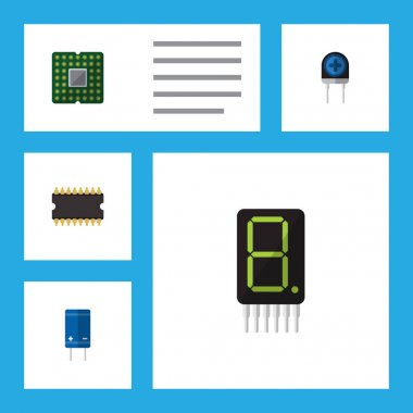 Düz simge elektronik hesapla, transistör, dönüştürücü ve diğer vektör nesneleri kümesi. Ayrıca transistör, ekran, elektronik öğeler içerir.