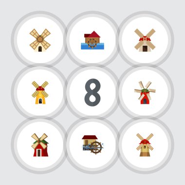 Düz simgesi Mill gücü, kırsal, ekoloji ve diğer vektör nesneleri ayarlayın. Ayrıca Rüzgar, değirmen, enerji öğeleri içerir.