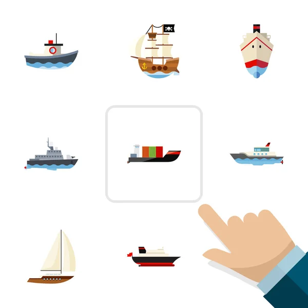 Icono plano conjunto de buques cisterna, yate, transporte y otros objetos de vectores. También incluye barco, petrolero, elementos del barco . — Vector de stock