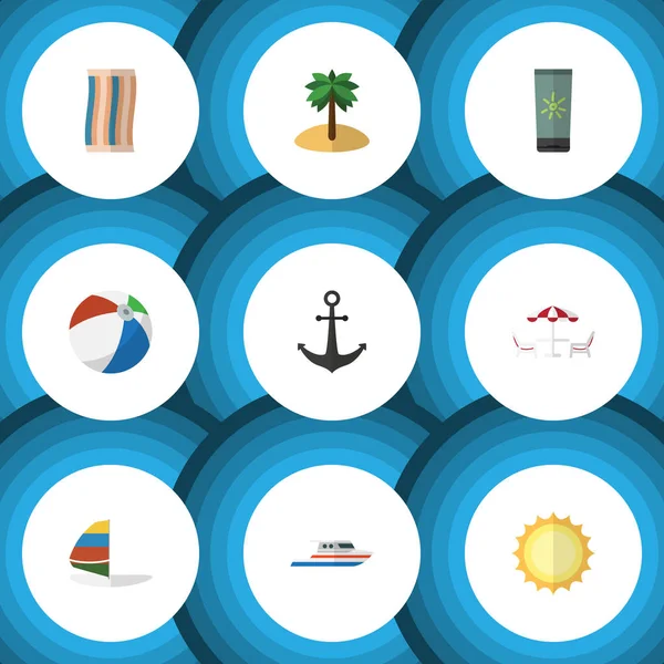 Düz simgesi yaz RECLINER, sörf, tekne ve diğer vektör nesneleri kümesi. Ayrıca sörf, krem, gündoğumu öğeleri içerir.