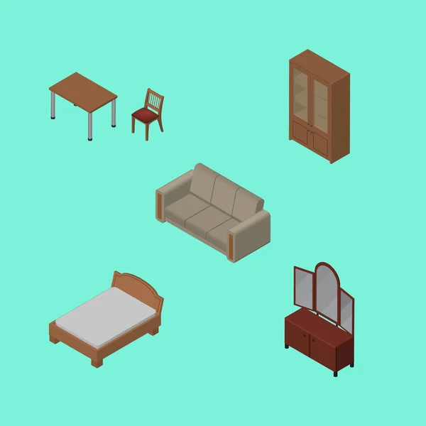 Isometrisches Designset aus Stuhl, Couch, Bettgestell und anderen Vektorobjekten. umfasst auch Sideboard, Bettgestell, Schrankelemente. — Stockvektor