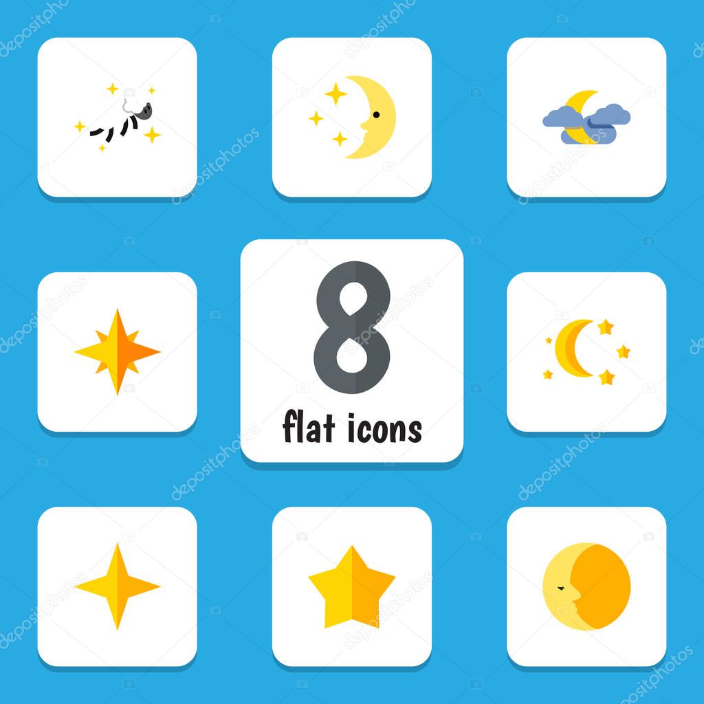Flat Icon Midnight Set Of Bedtime, Star, Midnight And Other Vector Objects. Also Includes Nighttime, Sky, Cloud Elements.
