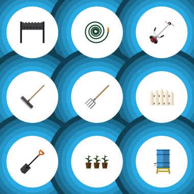 Düz simgesi çiftlik kümesi Spade, Barbekü, Hosepipe ve diğer vektör nesneleri. Ayrıca Barbekü, Spade, bariyer öğeleri içerir.