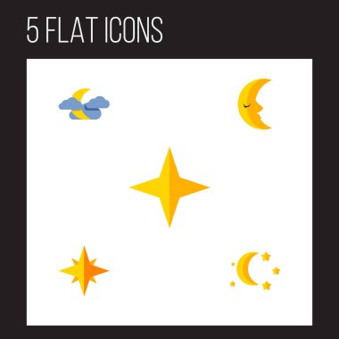 Düz simgesi yatmadan yatmadan, yıldız işareti, gece yarısı ve diğer vektör nesnelerini ayarlayın. Ayrıca gece, bulut, yıldız öğeleri içerir.