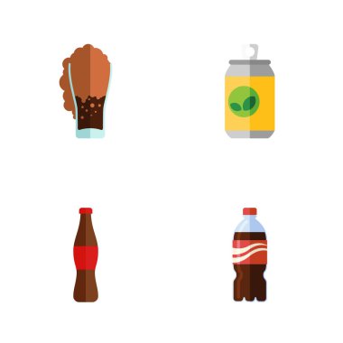 Düz simgesi Soda şişesi, Soda, içecek ve diğer vektör nesneleri ayarlayın. Limonata, şişe suyu öğeleri de içerir.