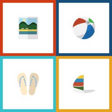 Düz simgesi Beach plaj sandaletleri, anımsatıcıları, Küre vektör nesneleri kümesi. Ayrıca Flop, Resimler, topu unsurları içerir.