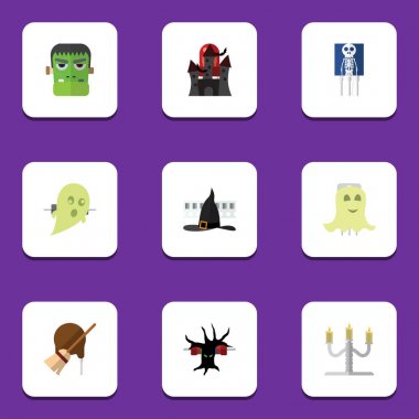 Düz simgesi Festivali, korkunç Cadılar Bayramı, iskelet, kale ve diğer vektör nesneleri ayarlayın. Ayrıca şamdan, hayalet, ruh unsurları içerir.