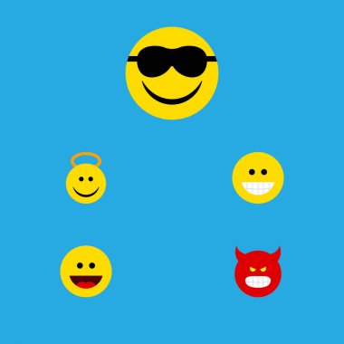 Surat asmayı düz simgesi ifade kümesi, sırıtma, kahkaha ve diğer vektör nesnelerine. Ayrıca, güneş gözlüğü, gülmek gülümsemek öğeleri içerir.