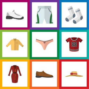 Düz simgesi elbise Banyan, spor ayakkabıları, ayak Tekstil ve diğer vektör nesneleri kümesi. Ayrıca bluz, şort, tek biçimli öğeler içerir.