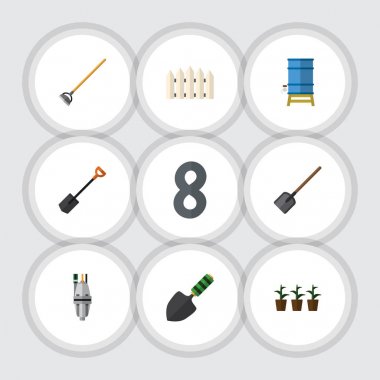 Düz simgesi kulübemde Spade, saksı, ahşap bariyer ve diğer vektör nesneleri ayarlayın. Ayrıca Spade, Spatula, çapa unsurları içerir.