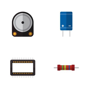 Düz simgesi aygıt kümesi anabilgisayar, direnç, transistör ve diğer vektör nesneleri. Ayrıca sert, Set, ana öğeleri içerir.