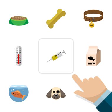 Düz simgesi hayvan köpek yavrusu, tazı kolye, kemik ve diğer vektör nesneleri kümesi. Ayrıca gıda, sıcaklık, ölçüm öğeleri içerir.