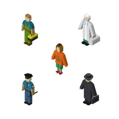 İzometrik insanlar Dedektif, Bayan, tesisatçı ve diğer vektör nesneleri kümesi. Ayrıca hastane, Ajan, teknisyen öğeleri içerir.